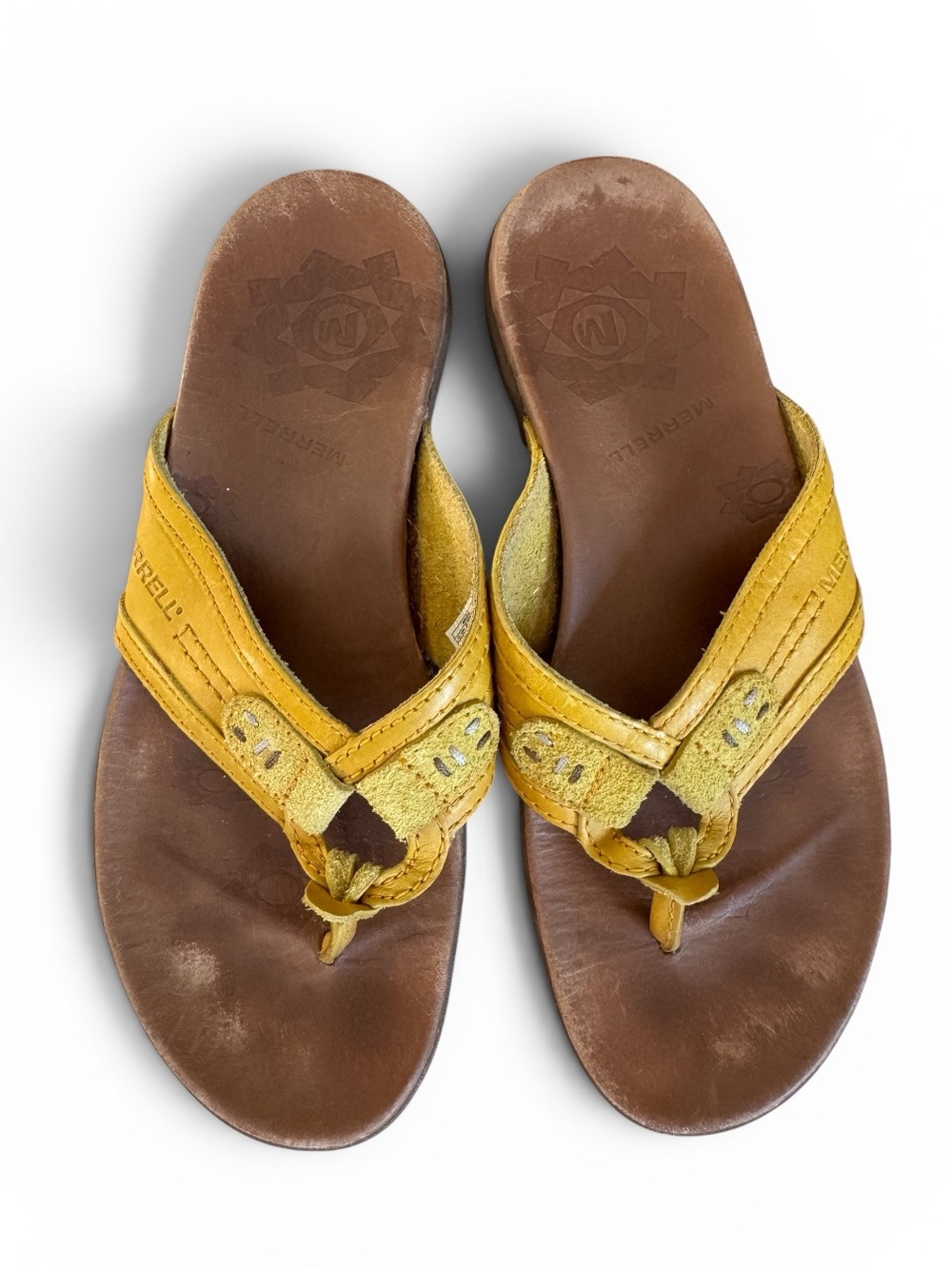 Merrell Squash Leather Flip Flops Boho Thong Sandals Mustard Yellow Brown 9